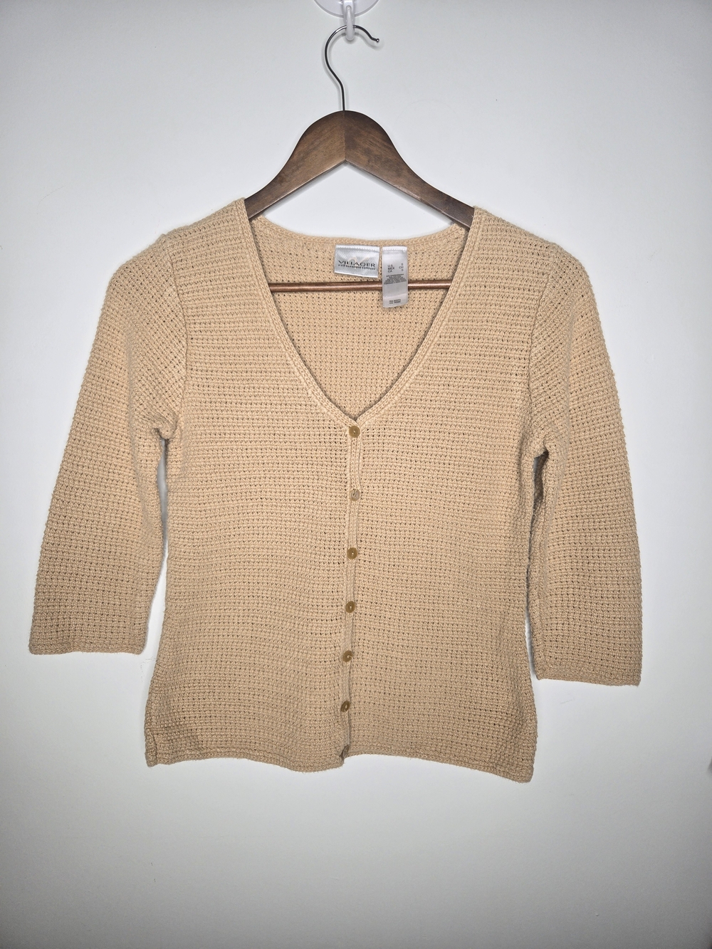 Villager Liz Claiborne Tan Beige Waffle Knit V Neck Cardigan Sweater Size S